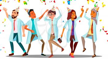 Dancing Doctor On Doctor s Day, Group Of Happy Doctors In Festive Caps And Confetti Vector. Isolated Illustration