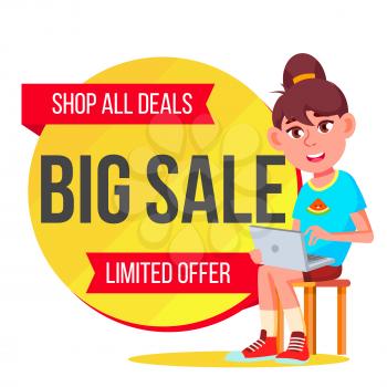 Big Sale Banner Vector. School Children, Pupil. Kids School Shopping. Half Price Colorful Stickers. Isolated Illustration