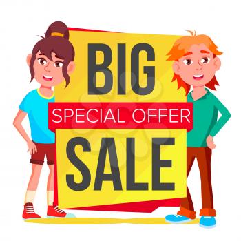 Big Sale Banner Vector. School Children, Pupil. Template For Advertising. Discount Tag, Special Offer Banner. Isolated Illustration