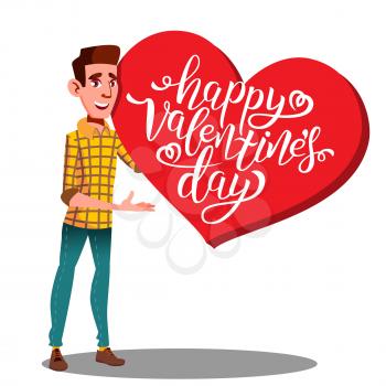 Teen Guy Carrying A Big Heavy Valentine s Day Heart In Hands Vector. Isolated Illustration