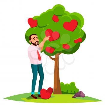 Businessman Standing Near Tree Blossoming With Hearts Vector. Isolated Illustration