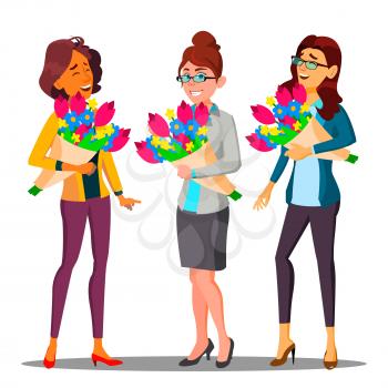 Happy Business Woman In Office With Bouquets Of Flowers Vector. Isolated Illustration