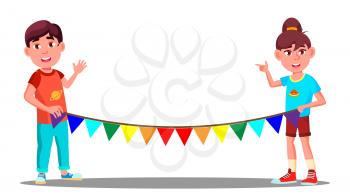 Two Children Holding A Rope With Colored Party Flags Vector. Isolated Illustration