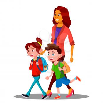 Mother Walking To School With Children In New School Year Vector. Illustration