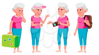 Old Woman Poses Set Vector. Elderly People. Senior Person. Aged. Tourist, Tourism. Positive Pensioner. Web, Brochure, Poster Design Isolated Cartoon Illustration
