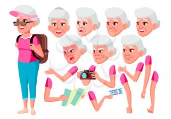 Old Woman Vector. Senior Person. Aged, Elderly People. Friendly, Cheer. Face Emotions, Various Gestures. Animation Creation Set. Isolated Cartoon Character Illustration