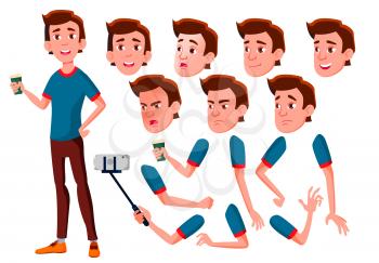 Teen Boy Vector. Teenager. Face. Children. Face Emotions, Various Gestures. Animation Creation Set. Isolated Cartoon Character Illustration