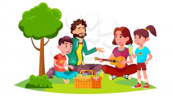 Family With Children On A Picnic In Nature Vector. Illustration