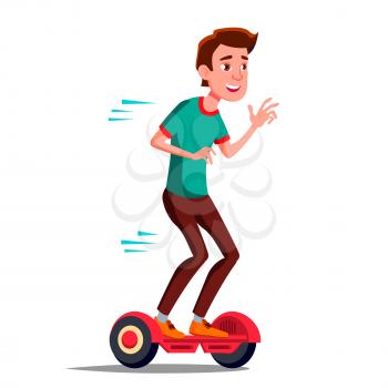 Teen Boy On Hoverboard Vector. Riding On Gyro Scooter. Outdoor Activity. Two-Wheel Electric Self-Balancing Scooter. Illustration