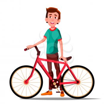Teen Boy With Bicycle Vector. City Bike. Outdoor Sport Activity. Eco Friendly. Illustration