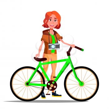 Teen Girl With Bicycle Vector. City Bike. Outdoor Sport Activity. Eco Friendly. Illustration
