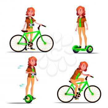 Teen Girl Riding Hoverboard, Bicycle Vector. City Outdoor Sport Activity. Gyro Scooter, Bike. Eco Friendly. Healthy Lifestyle. Illustration