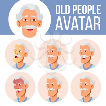 Asian Old Man Avatar Set Vector. Face Emotions. Senior Person Portrait. Elderly People. Aged. Facial, People. Active, Joy Head Illustration