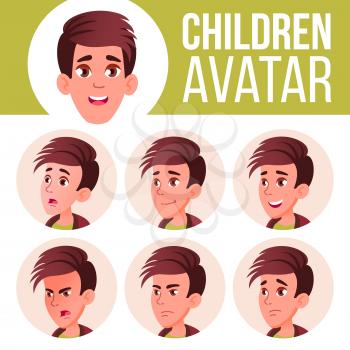 Boy Avatar Set Kid Vector. High School. Face Emotions. Head, Icon. Childish, Happiness Enjoyment Head Illustration