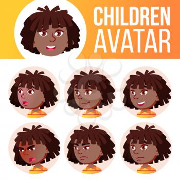 Girl Avatar Set Kid Vector. Black. Afro American. Primary School. Face Emotions. Children. Beauty, Lifestyle. Postcard Announcement Head Illustration