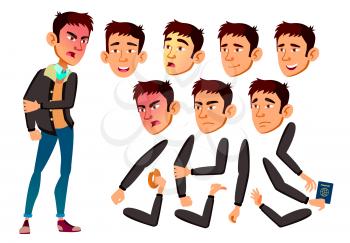 Teen Boy Vector. Asian Teenager. Active, Expression. Face Emotions, Various Gestures. Animation Creation Set. Isolated Flat Cartoon Illustration