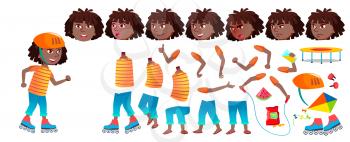 Girl Schoolgirl Kid Vector. Black. Afro American. Animation Creation Set. Face Emotions, Gestures. Teenage. Book, Workspace, Board For Card Advertisement Design Animated Illustration