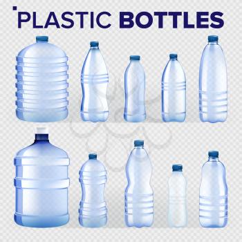 Plastic Bottles Set Vector. Different Types Of Bluer Classic Water Bottle With Cap. Container For Drink, Beverage, Liquid, Soda, Juice. Branding. Realistic Isolated Transparent Illustration