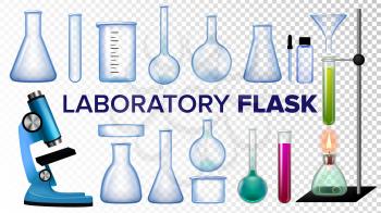 Laboratory Flask Set Vector. Chemical Glass. Beaker, Test-tubes, Microscope. Empty Equipment For Chemistry Experiments. Realistic Transparent Illustration