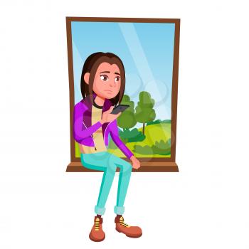 Sad Girl Sitting On The Window Vector. Illustration