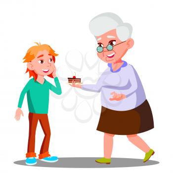 Old Woman Treating Little Child With Cookies Vector. Illustration