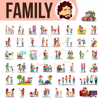 Family Set Vector. Family Members Spending Time Together At Home, Outdoor. Father, Mother, Son, Daughter, Grandmother, Grandfather. Lifestyle Situations Cartoon Illustration
