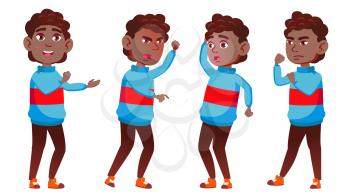 Boy Schoolboy Kid Poses Set Vector. Black. Afro American. High School Child. Secondary Education. Casual Clothes, Friend. For Advertisement, Greeting, Announcement Design Isolated Cartoon Illustration