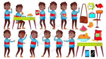 Boy Schoolboy Kid Poses Set Vector. Black. Afro American. High School Child. School Student. Cheer, Pretty, Youth. For Presentation, Print, Invitation Design Isolated Cartoon Illustration