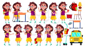 Girl Schoolgirl Kid Poses Set Vector. High School Child. Classmate. Life, Emotional, Pose. For Web, Brochure, Poster Design. Isolated Cartoon Illustration