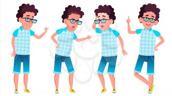 Boy Schoolboy Kid Poses Set Vector. High School Child. Child Pupil. Active, Joy, Leisure. For Advertisement, Greeting, Announcement Design. Isolated Illustration