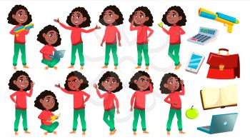 Girl Schoolgirl Kid Poses Set Vector. Black. Afro American. High School Child. Children Study. Knowledge, Learn, Lesson. For Advertising, Placard Print Design Isolated Illustration