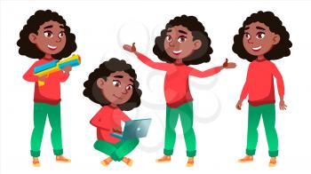 Girl Schoolgirl Kid Poses Set Vector. Black. Afro American. High School Child. Classmate. Teenager, Classroom, Room. For Advertising, Booklet Placard Design Isolated Illustration