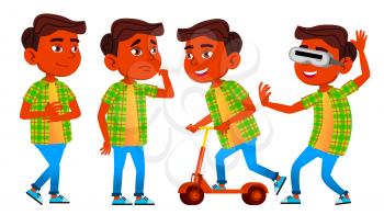 Boy Schoolboy Kid Poses Set Vector. Indian, Hindu. Asian. Primary School Child. Cheerful Pupil. Teenager, Classroom. For Postcard, Announcement Cover Design Isolated Cartoon Illustration