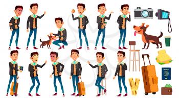 Asian Teen Boy Poses Set Vector. Adult People. Casual. For Advertisement, Greeting, Announcement Design. Isolated Cartoon Illustration