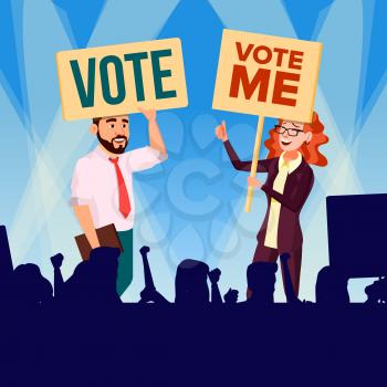 Agitation And Call To Vote Vector. Female And Male Characters Holding Broadsheet Vote Shouting During Political Meeting. Illustration