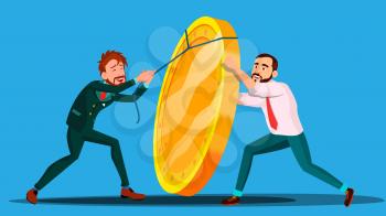Team Of Employee Pulling Rope To Lift Up Coin Vector. Illustration