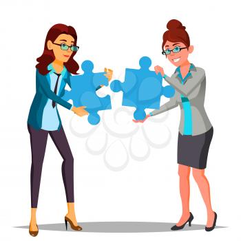 Partnership Vector. Two Business Woman Holding In Hands Large Puzzles And Put It Together. Illustration