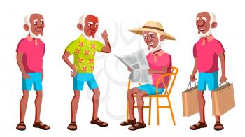 Old Man Poses Set Vector. Black. Afro American. Elderly People. Senior Person. Aged. Beautiful Retiree. Life. Presentation, Print Invitation Design Isolated Cartoon Illustration