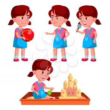 Girl Kindergarten Kid Poses Set Vector. Baby Expression. Preschooler. Life. For Postcard, Announcement, Cover Design. Isolated Cartoon Illustration