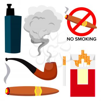 Smoking Icons Vector. Cigarette, Cigar, Protect Symbol, Electronic Cigarette, Vape Addiction Cartoon Illustration