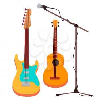 Guitar Vector. Electric, Classic. Microphone With Stand. String Musical Instrument Cartoon Illustration