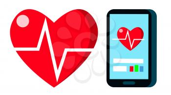 Heart Beat Rate Vector. Pulse, Cardiogram Heart Sign Chart On Mobile Scren. Heartbeat Sport Fitness Application. Cartoon Illustration