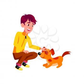 Teen Boy Poses Vector. Pet, Dog. Friends, Life. For Presentation, Invitation, Card Design. Isolated Cartoon Illustration
