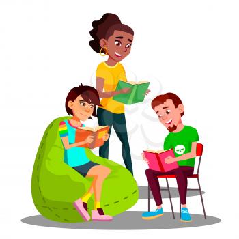 Multicultural Student Group Boys And Girls Reading Their Books Vector. Illustration