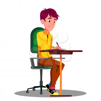 Student With Pen In Hand Writing Exams On Sheet Of Paper Vector. Illustration