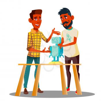 Two Smart Students Constructing A Robot In Classroom Vector. Illustration