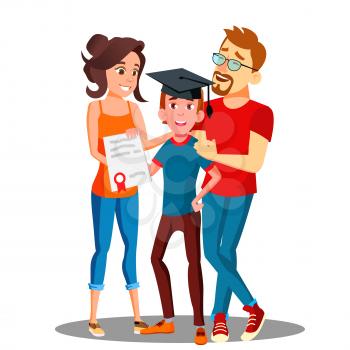 Happy Parents Standing Behind The Student With Diploma And Graduate Cap Vector. Illustration