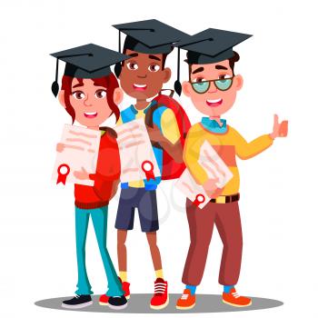 Multinational Group Of Students In Graduation Caps And With Diplomas In Hands Vector. Illustration