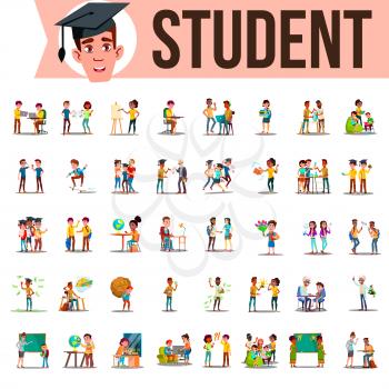 Student Set Vector. Lifestyle Situations. Spending Time, At College, University, Campus, School Home Outdoor Isolated Illustration