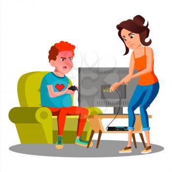 Angry Mother Cutting Wire Of Son Using Video Game Vector. Illustration